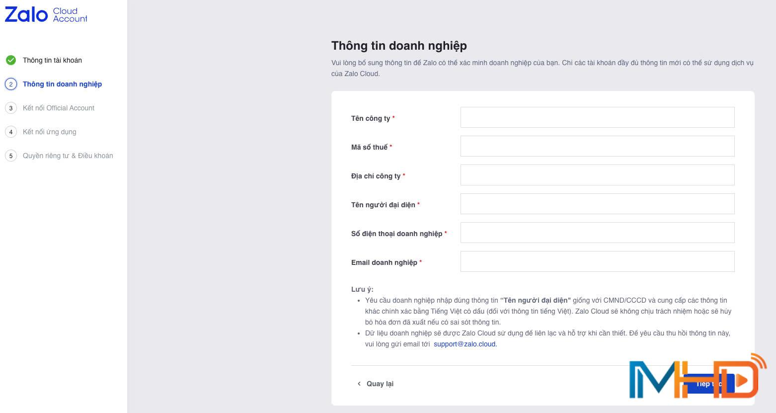 Điền thông tin cần thiết của Doanh nghiệp