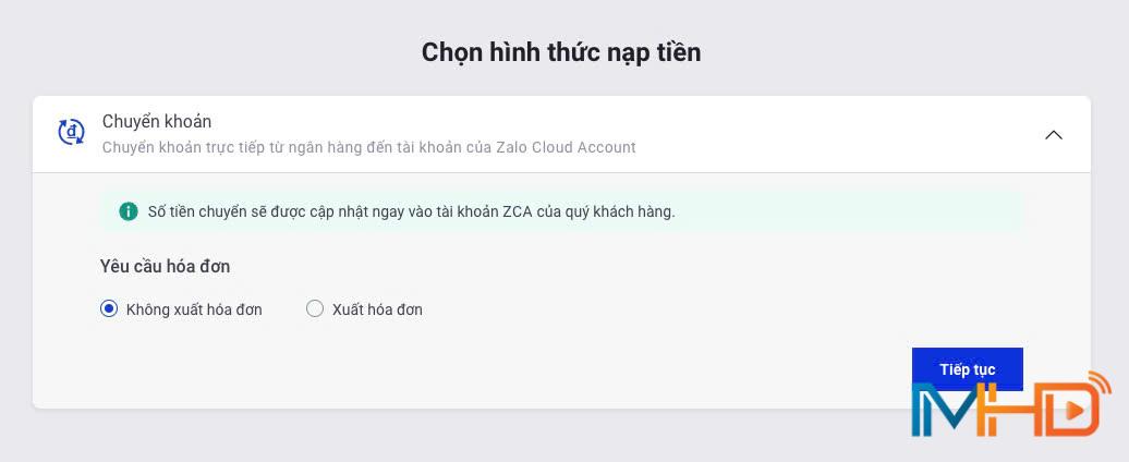 Nạp tiền vào tài khoản ZCA