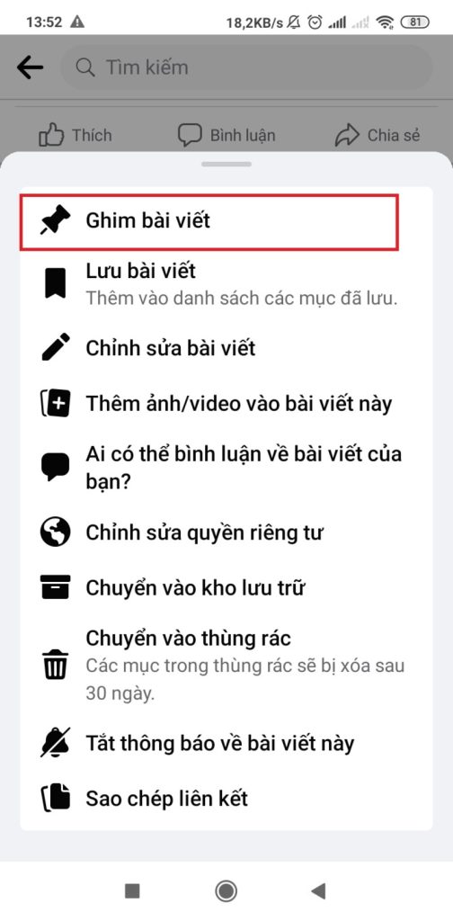 Cách ghim bài viết trên Facebook trên điện thoại Samsung