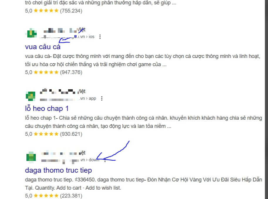 Link bi nhiem ma doc hien thi tren google