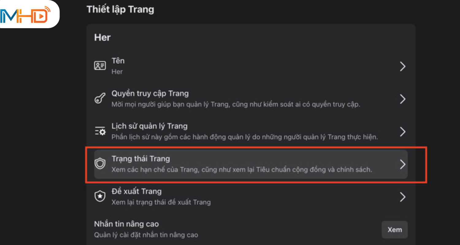 Chọn “Trạng thái trang” để xem chất lượng tài khoản