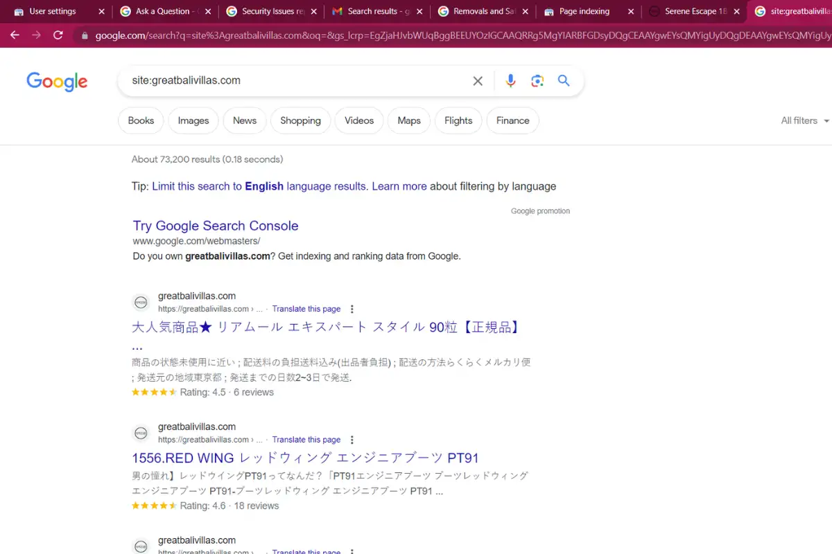 Kết quả tìm kiếm hiển thị tiếng nước ngoài