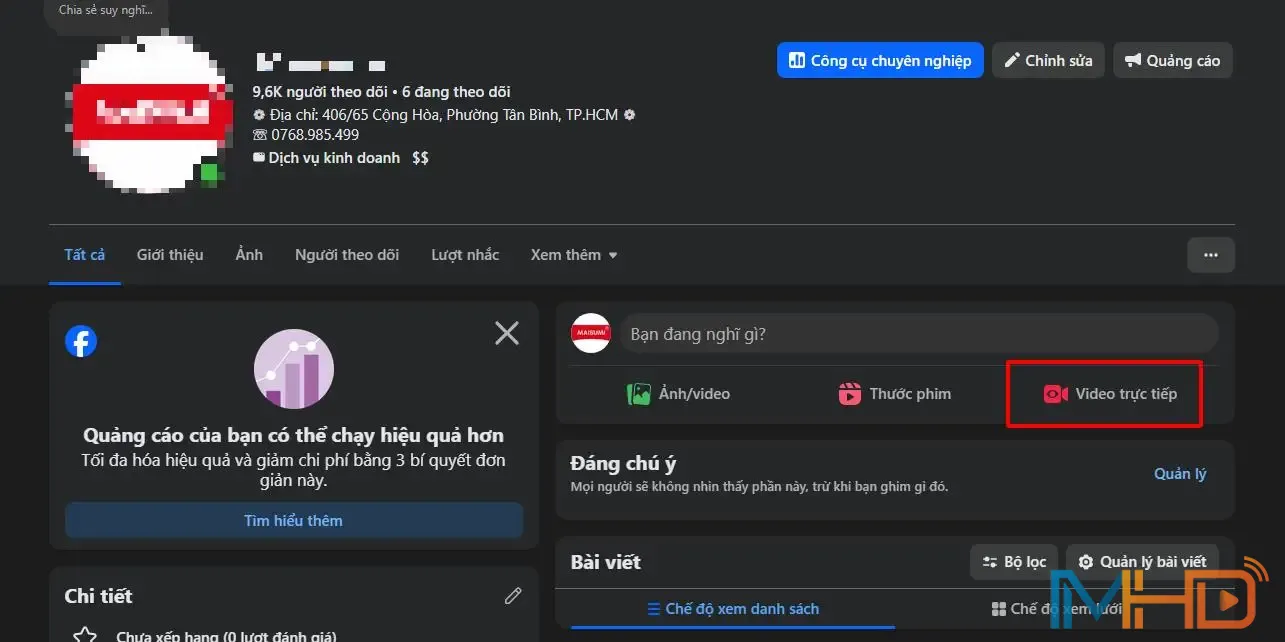 Giao diện tạo livestream trên Page bằng máy tính