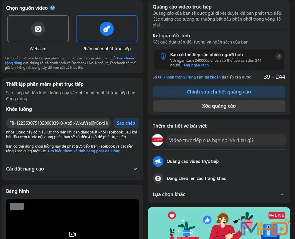Page đã được mở tính năng sẽ hiển thị mục “Quảng cáo video trực tiếp” trong phần thiết lập livestream